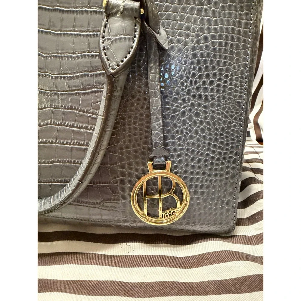 Henri Bendel Grey Crocodile Embossed Leather Satchel Handbag Gold Hardware